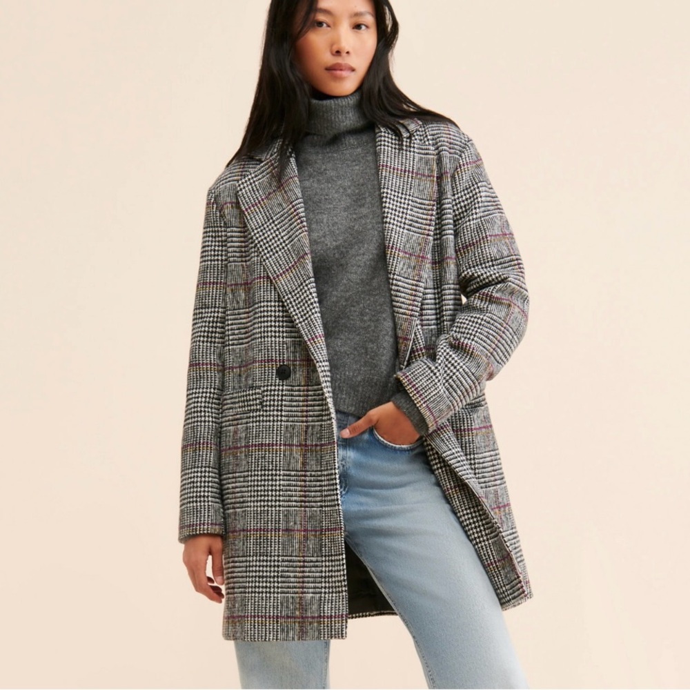 RD Style Double Breasted Plaid Wool Overcoat with Buttons - Black Purple Yellow